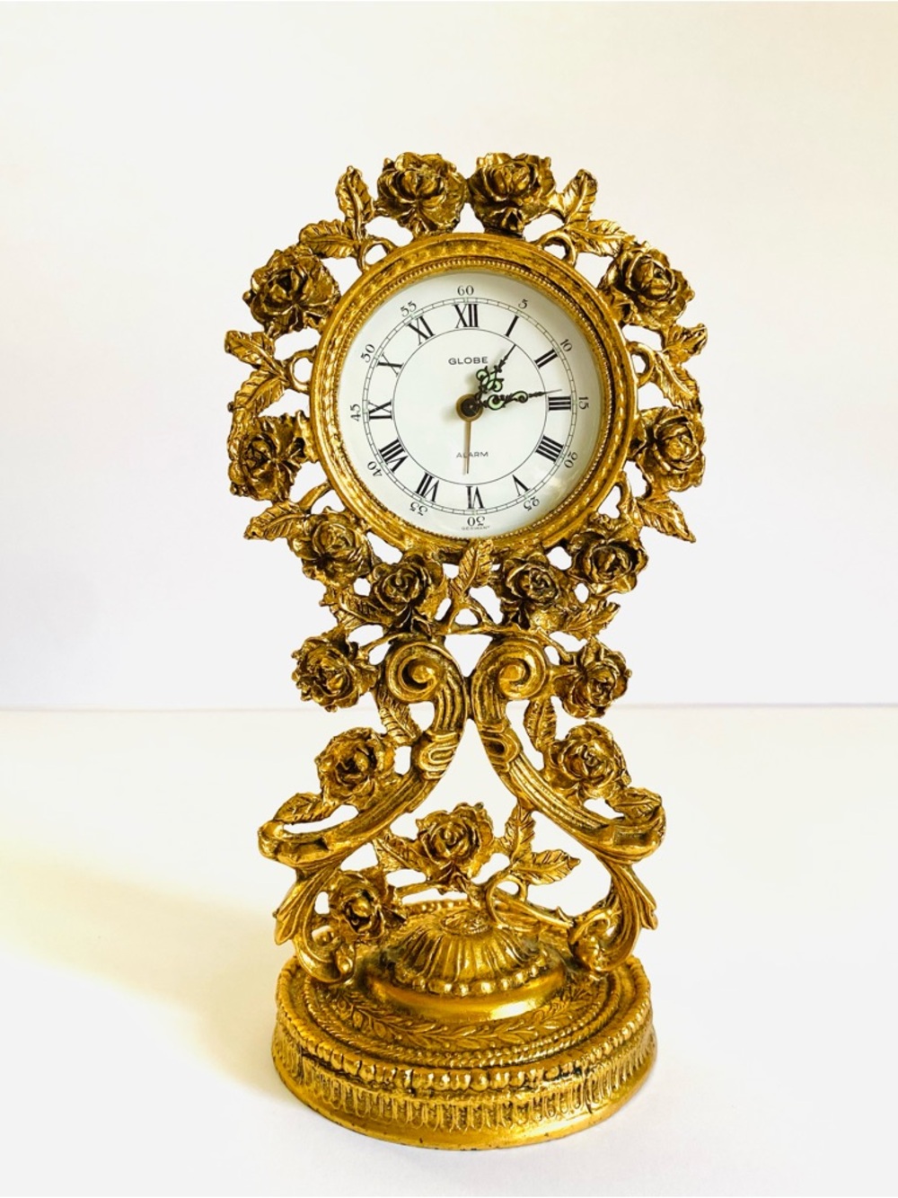 Vintage Rococo & Art Nouveau Style, German Made, Gold Gilt Roses Desk Clock